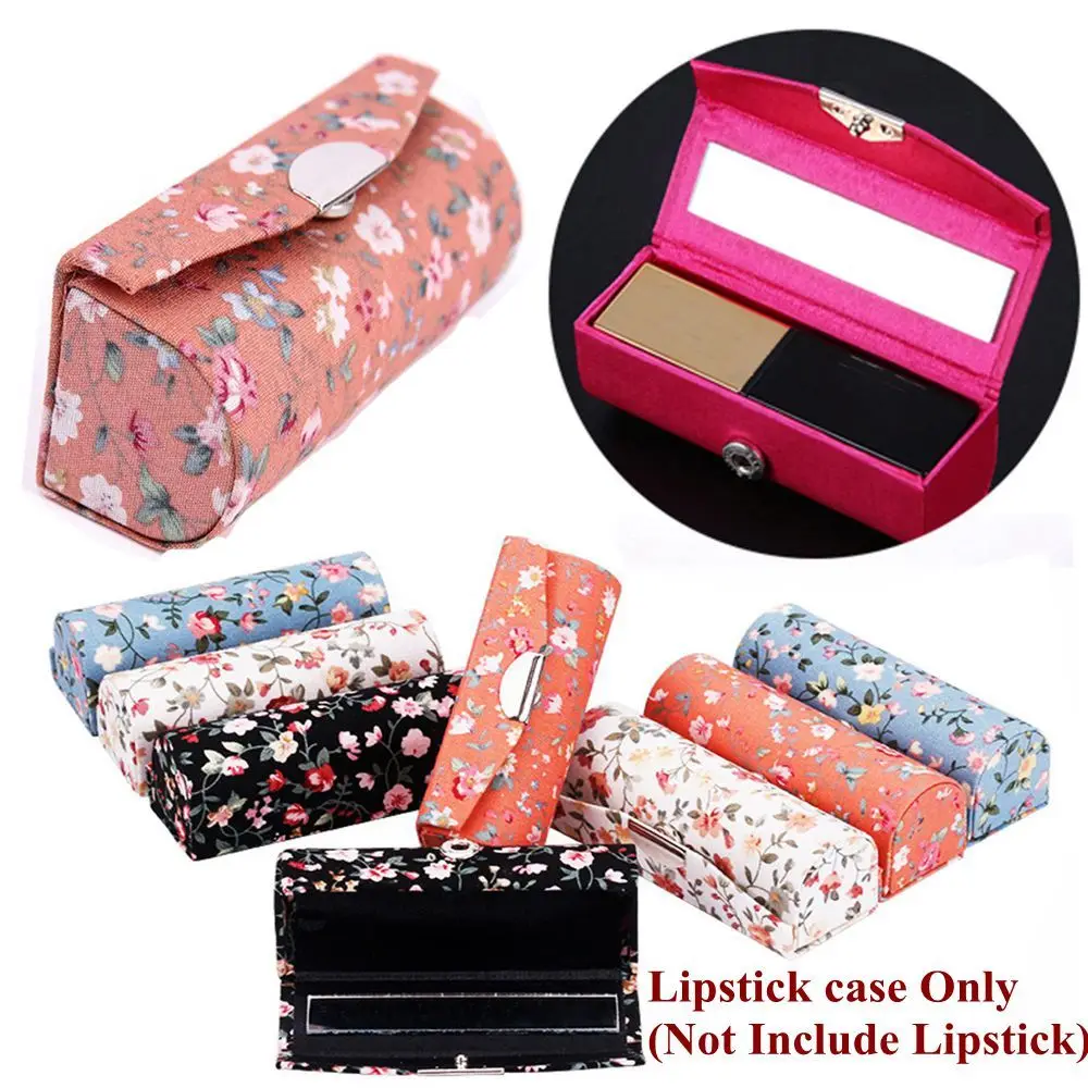 Women Beauty Flower Designs Retro Embroidered Lip Gloss Box Lipstick Case Jewelry Holder Mini Mirror