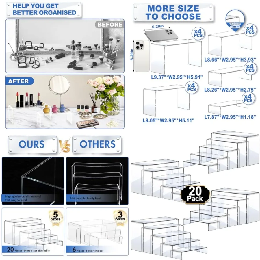 

Acrylic Risers, 20 Pcs 4 Set Display Stands, Clear Rectangular Risers for Decor, Cupcake Funko, Shoe Display 1-3-4-5-6IN