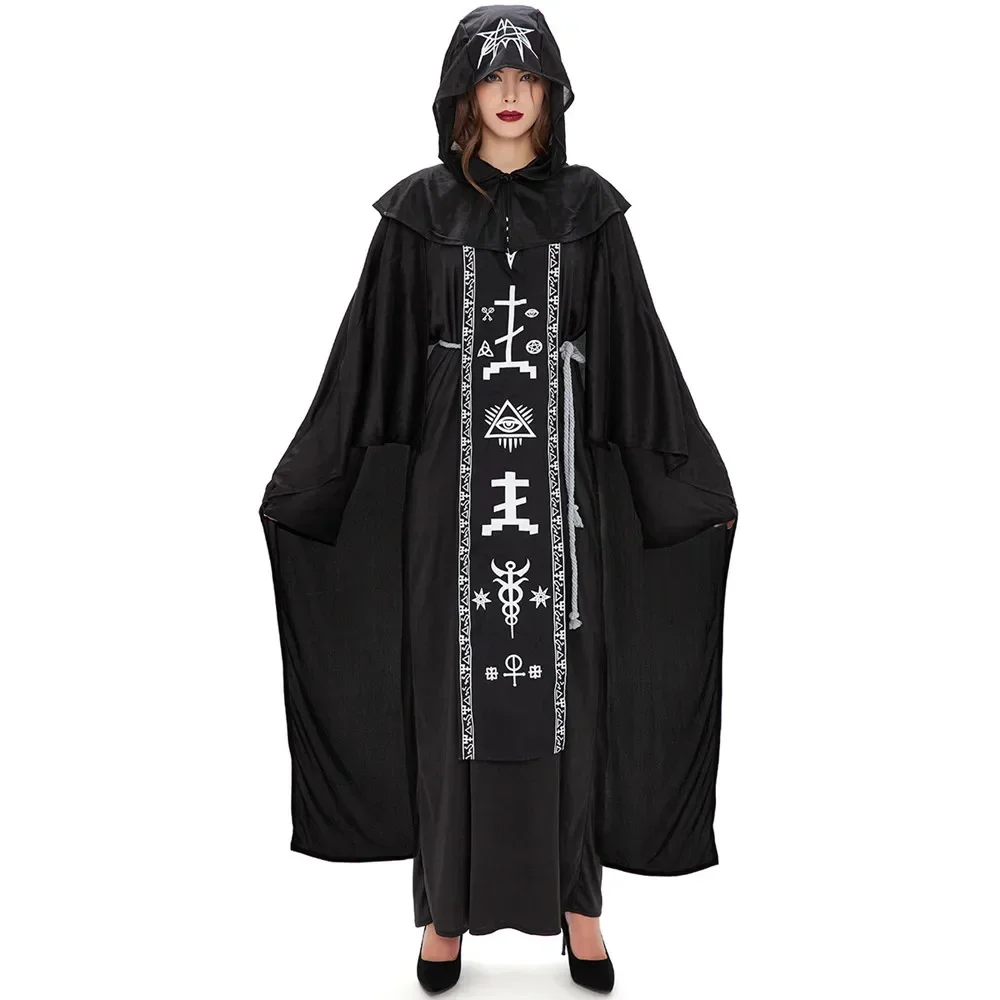 Couples Wizard Costume Medieval Robe Warlock Costume for Women Men Cosplay Halloween Fancy Party Dress