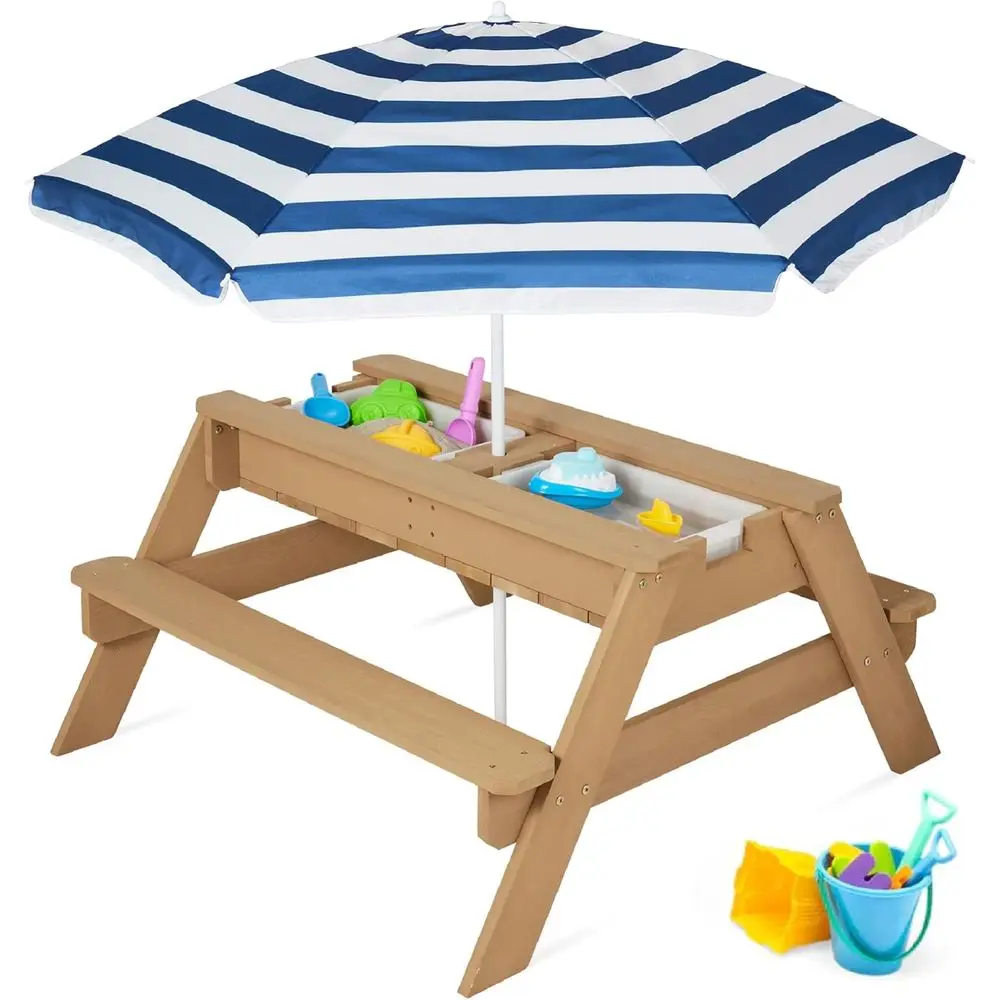 

Convertible Outdoor Picnic Table for Toddlers with Umbrella, Sand & Water Play, Seats 4, Removable Top, 2 Buckets - Navy