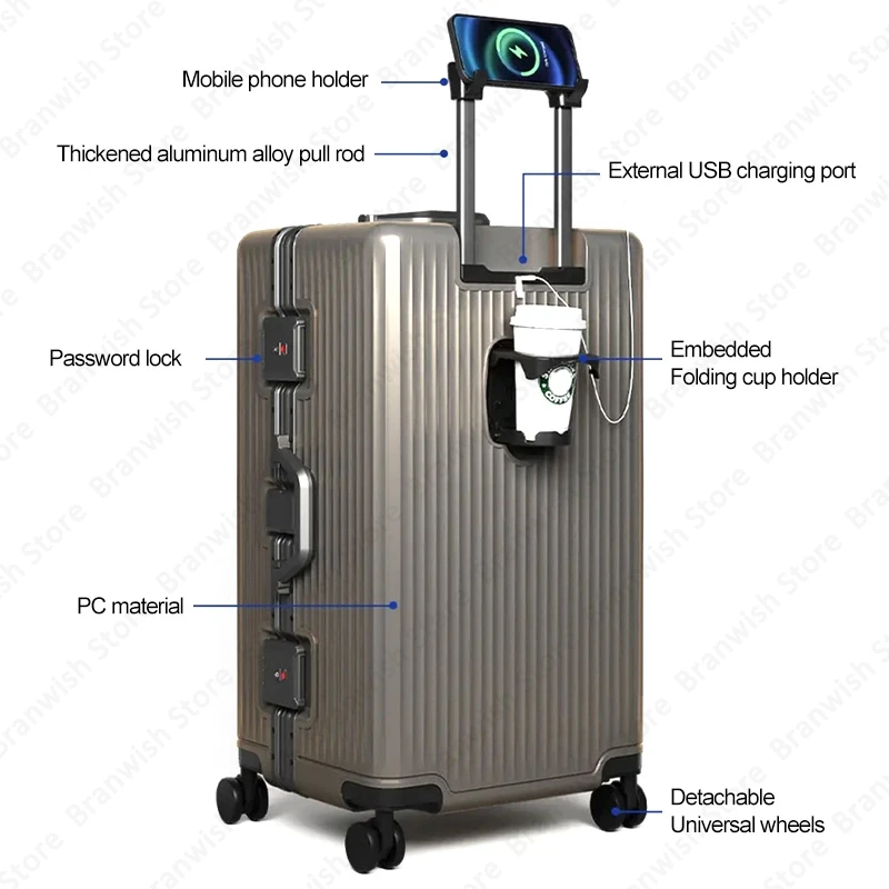 Aluminum Alloy Frame Suitcase Rolling Luggage With USB Port Boarding Cabin Travel Suitcase Alloy Trolley Case Carry On 20 Inch