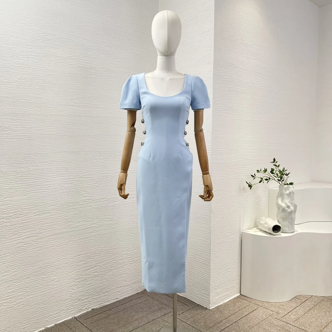 

2024 Sky Blue Short Sleeve Side Waist Hollow Out Diamond Jewelry Slit Midi Dress for Women