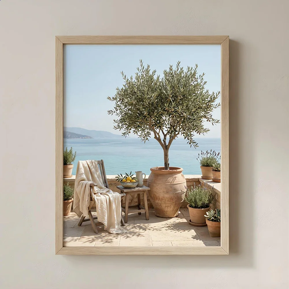 Frameless Canvas Painting Olive Tree Terrace Print, Preserved Coast Mediterranean Wall Arts Painting, Home Living Room, Bedroom