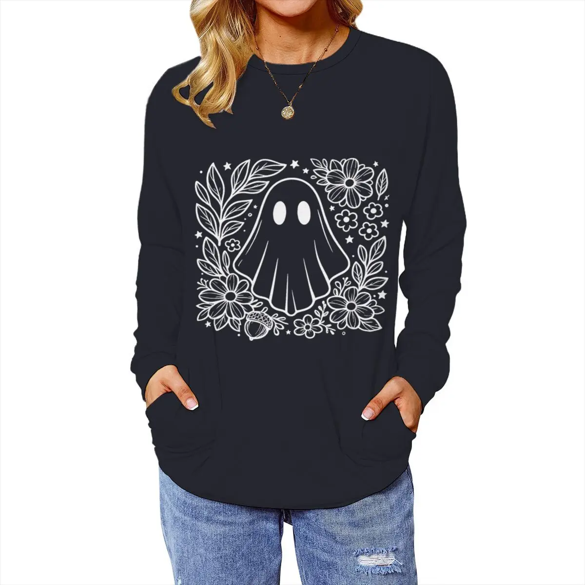 Women Flower Ghost Long Sleeve T-shirt Funny Cartoon Boo Crew Neck T-shirt Spooky Season Halloween Graphic Fall Long Sleeve Tees