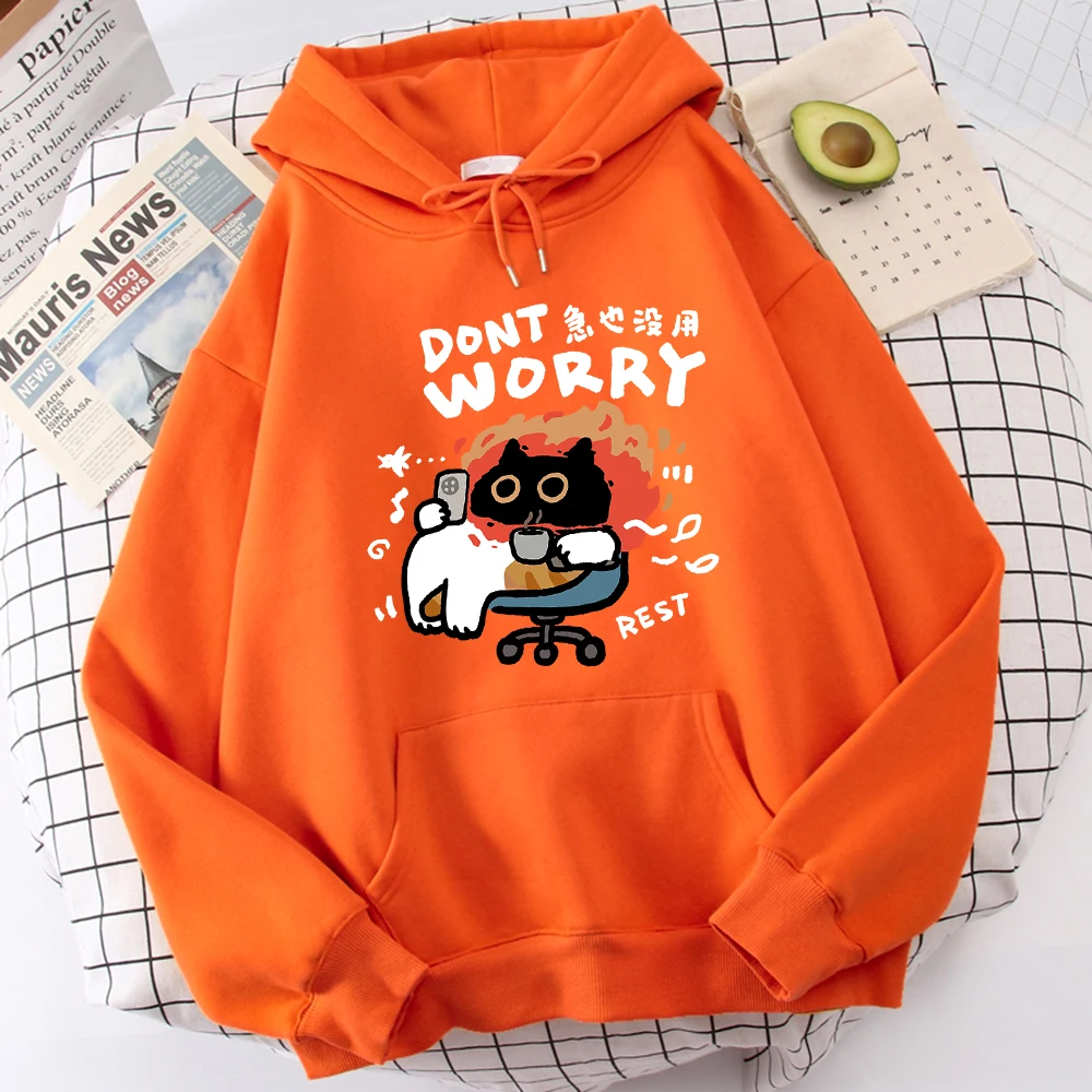 Cartoon Cat Slogans Are Urgent And Useless Mens Hoodie Comfort Versatile Hoody Leisure Personality Sweatshirt Home Fashion Tops