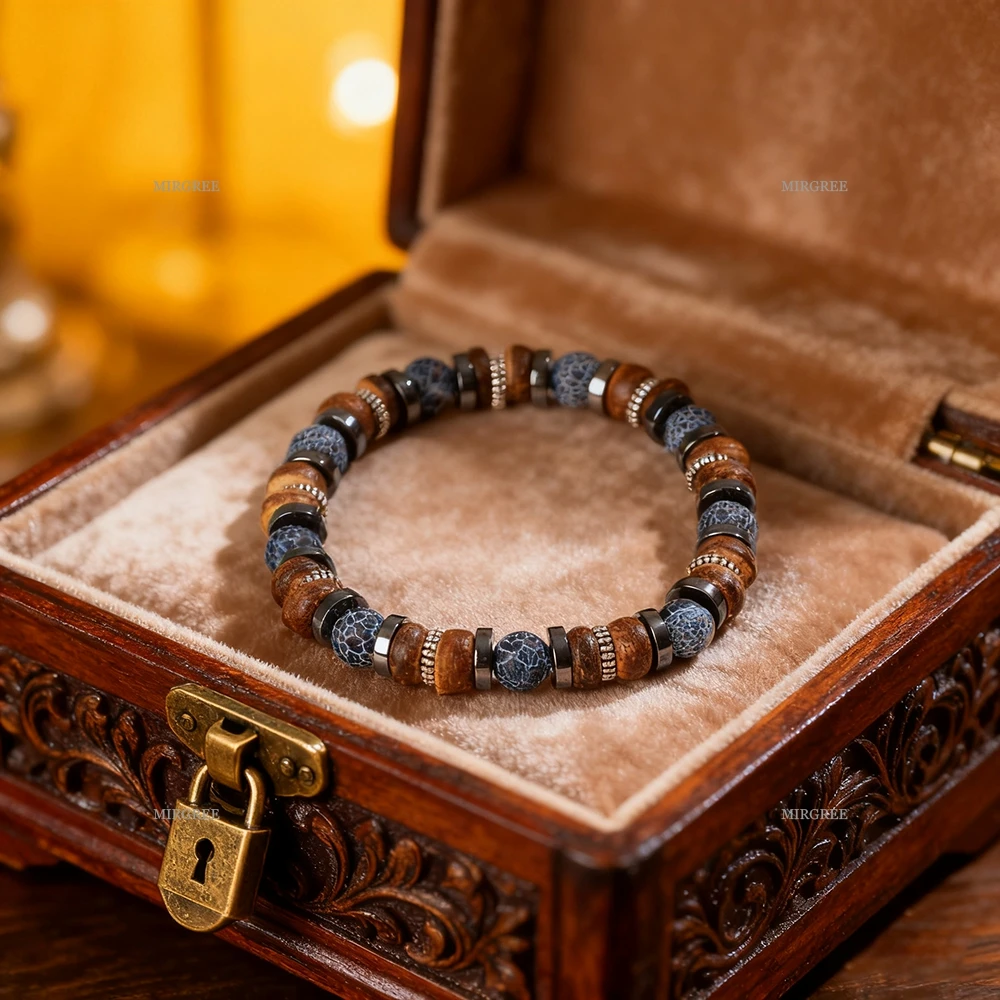 1 قطعة سوار خشبي من الحجر الطبيعي للرجال ، نمط متين ، مجوهرات عصرية ، عرض سحر الذكور الناضجة في مشاهد خارجية #6