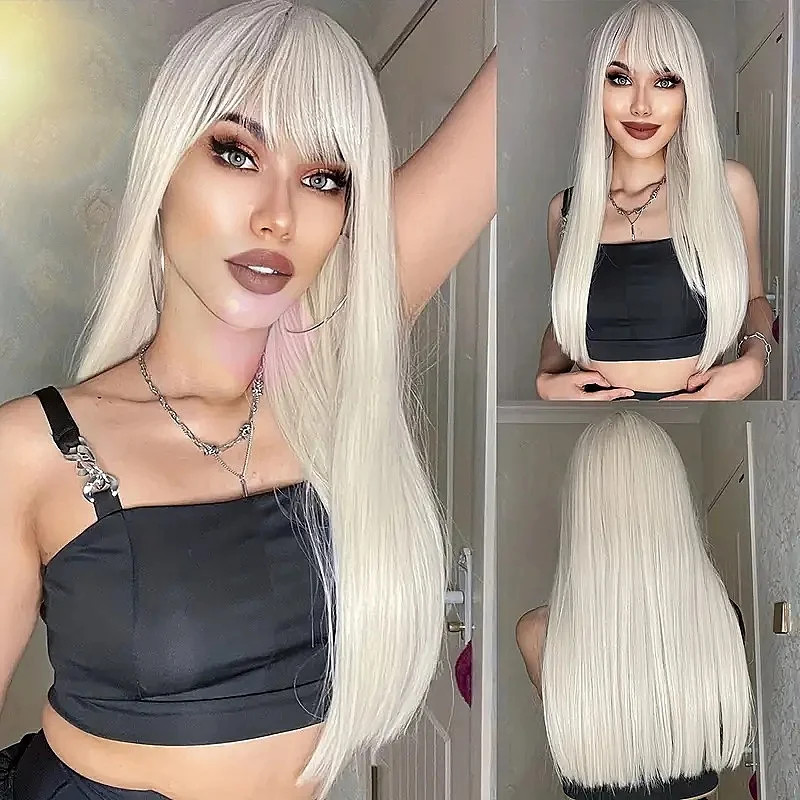 

Platinum White Wig with Bangs White Long White Wig Straight Soft Wigs Synthetic Hair Heat Resistant Wigs for Daily Wear Party