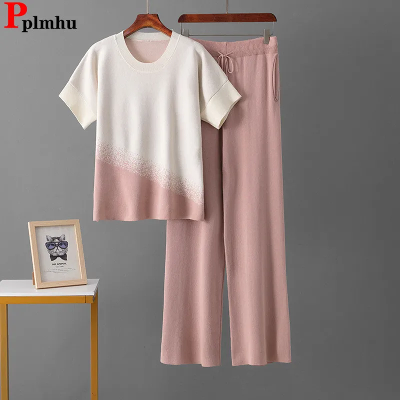 

Korean Design Knitted 2 Piece Sets Women Gradient O-neck Short Sleeve T-shirts Tops Conjuntos High Waist Wide Leg Pants Outfit