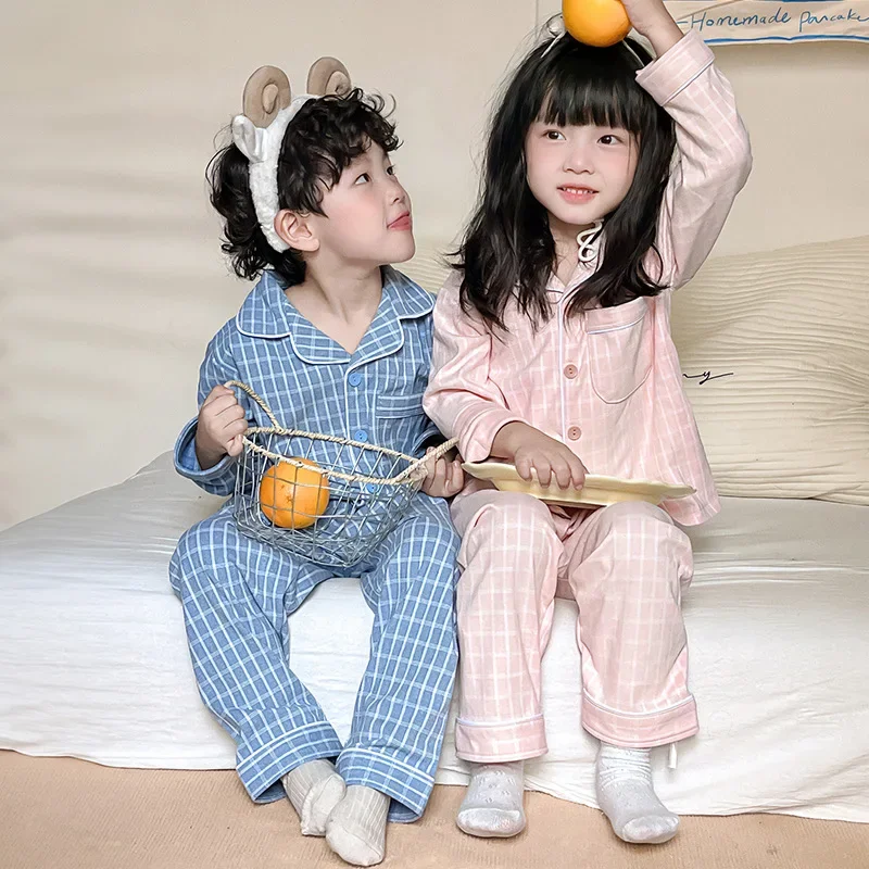 4-9Y Kids Pajamas Set Children's Plaid Home Sleepwear Turn-down Collar Cardigan+Pant 2PCS Pyjamas Set for Boys Girls Clothing