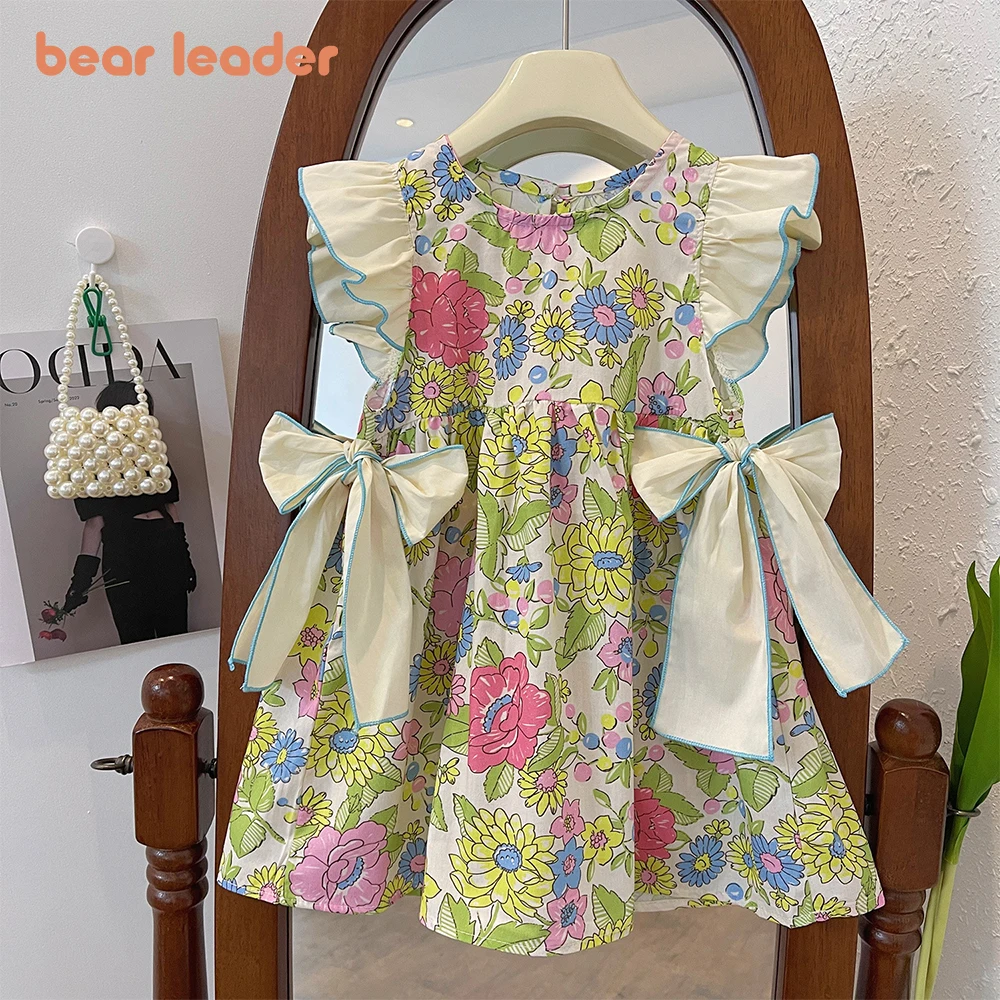 Bear Leader Girls' Dress 2023 Summer New Girls' Round Neck Flower Print Flying Sleeve Bow Tie Dress Children's Print Dress