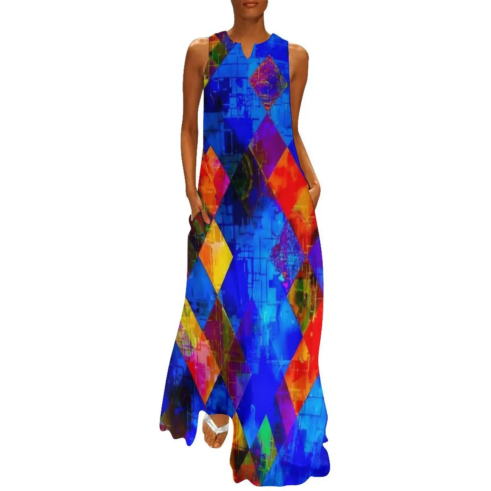 Geometric Pixel Square Pattern Dress Kawaii Maxi Dress Aesthetic Bohemia Long Dresses Female Sleeveless Design Oversize Vestidos