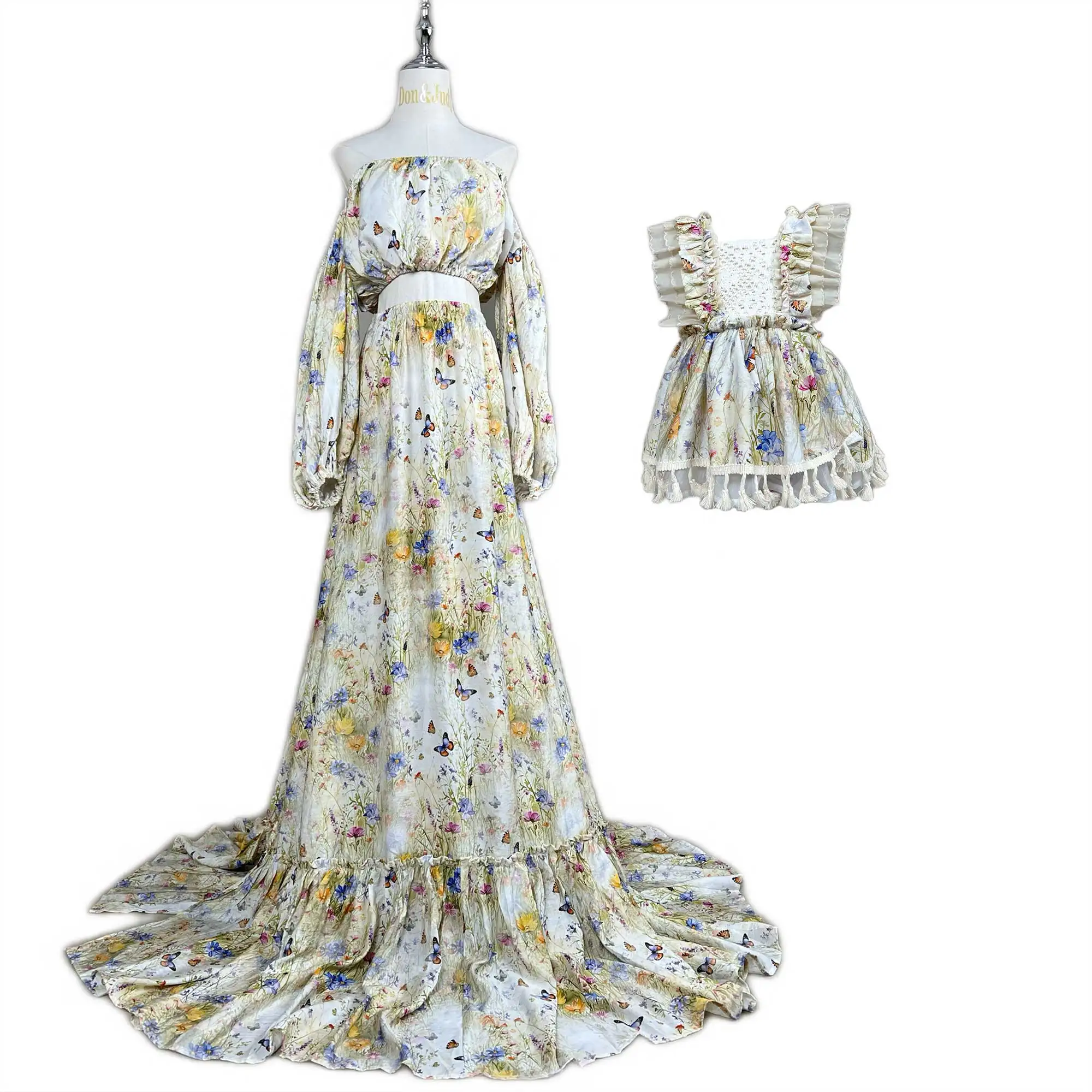 Don&Judy Ruffled Cap Sleeve Dress with Crochet Lace Panel Wildflower and Butterfly Print Tassel Trim Gown Photography Dress