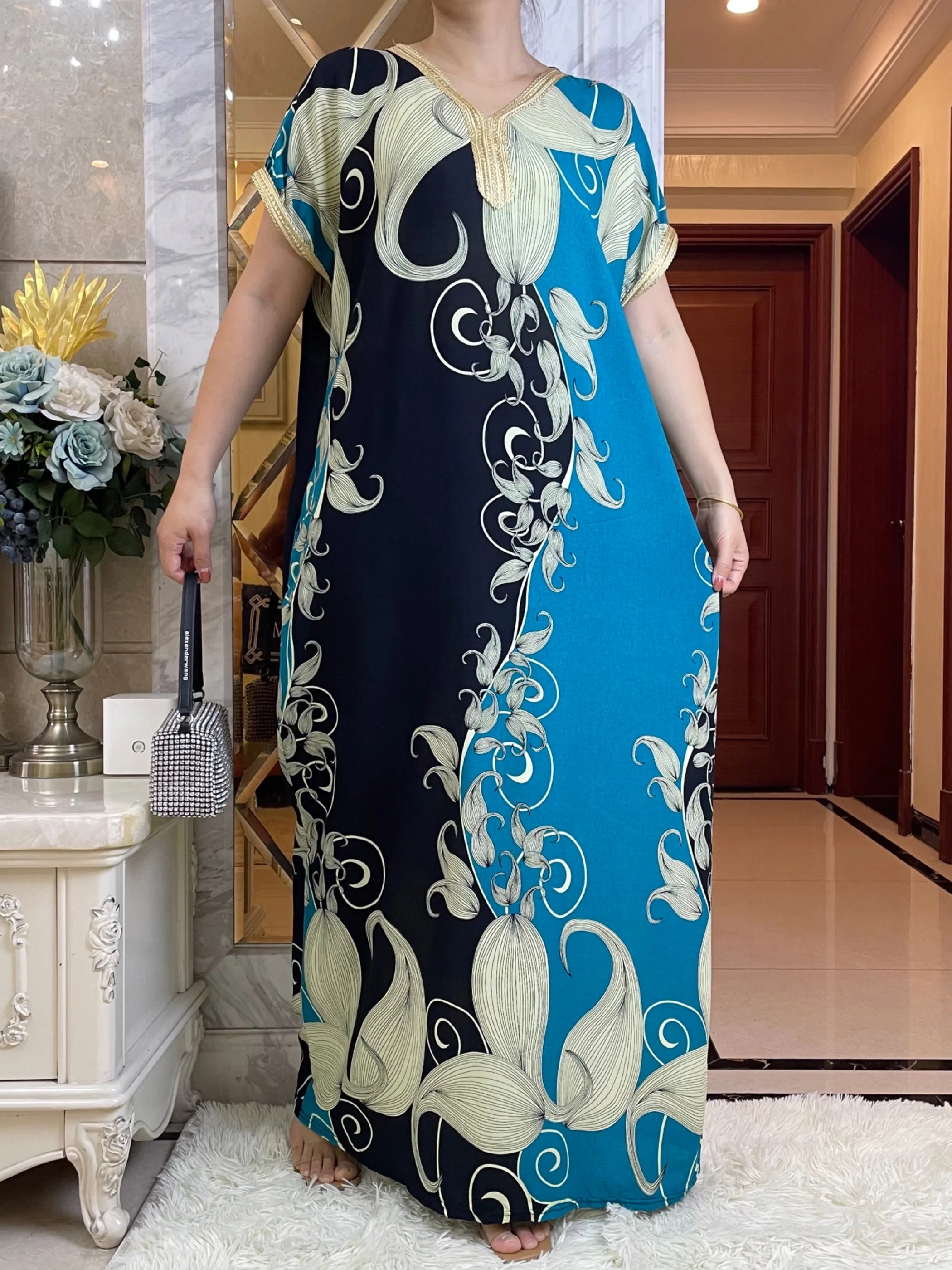 2023 Summer Dress New Style Long Sleeve African Dashiki Floral Printing Cotton Abaya Caftan Elegant Lady Dubai Maxi Casual