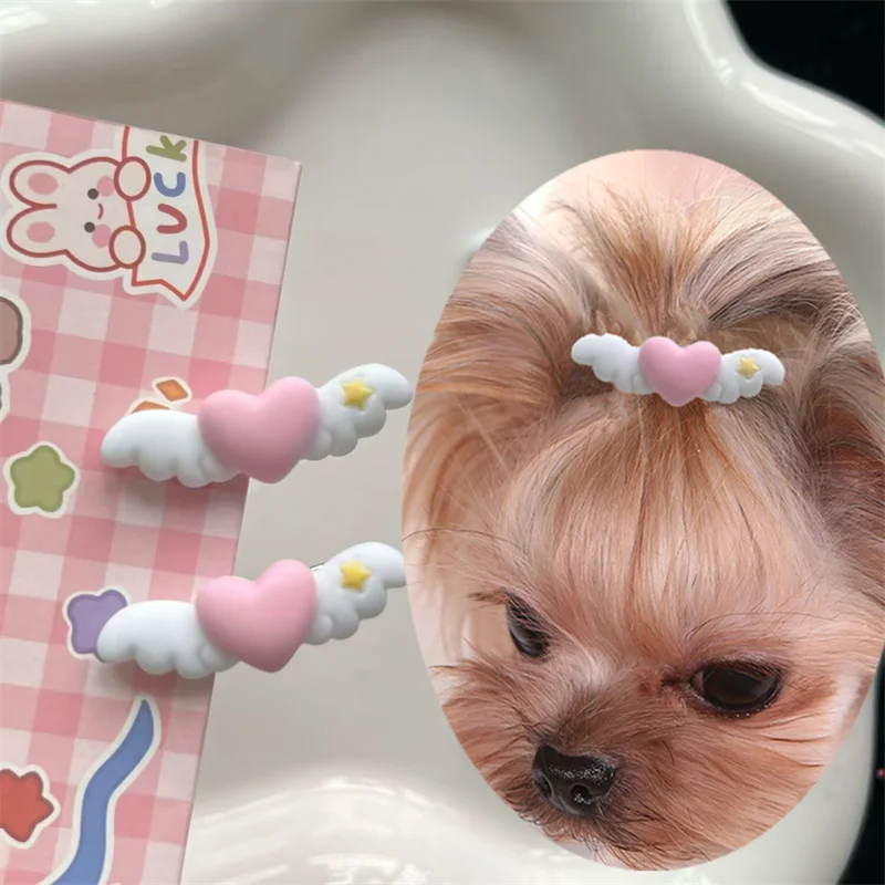 Pet Cute Heart Wings Hairpins Pet Dog Hair Clips Puppy Cat Yorkie Teddy Pet Decor Barrette Hair Accessories for Small Dogs