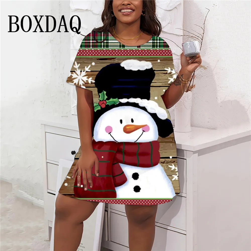 9XL Plus Size Dresses 2025 Christmas Snowman Pattern Women Dress Winter Casual Cute Short Sleeve Loose Party Mini Clothing 8XL