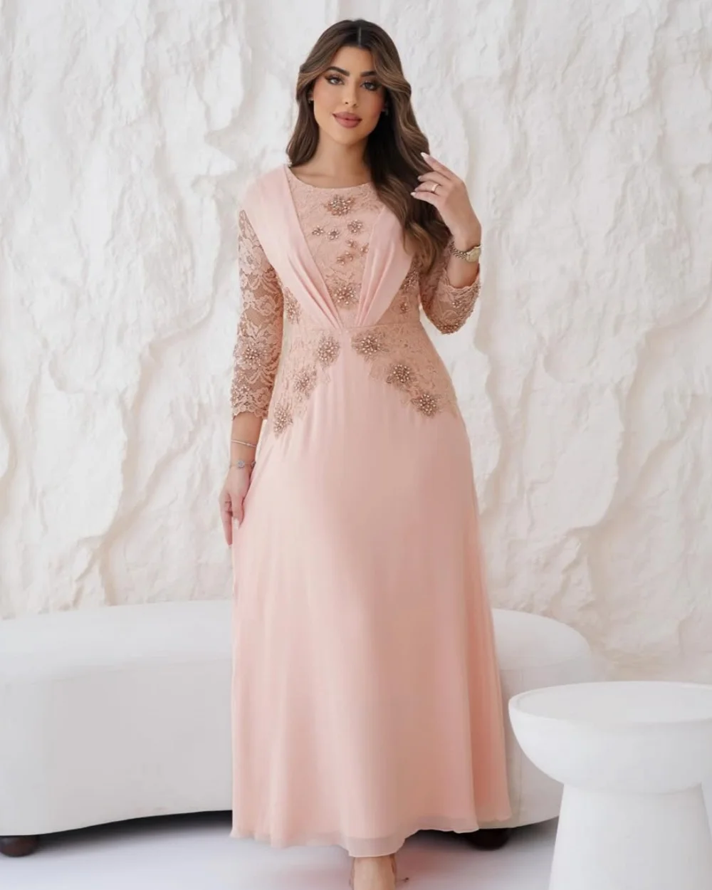 Maßgeschneiderter moderner Stil, modisch, Chiffon, Perlenstickerei, Spitze, A-Linie, U-Ausschnitt, knöchellange Kleider, Abendkleider, hochwertig, formell