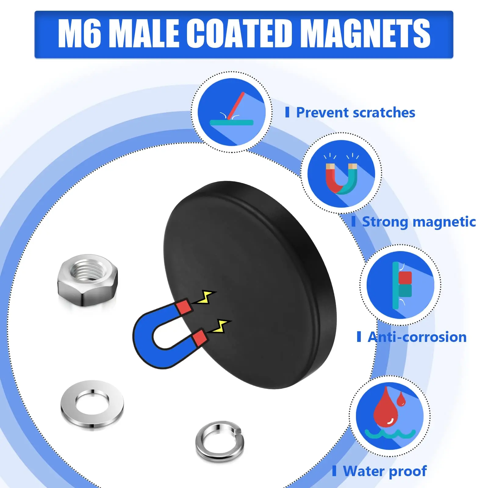 Rubber Coated M6 Male Magnet Neodymium Magnet Base Anti Scratch Magnet M6 Male Thread Rubber Coating Magnets with Bolts and Nuts