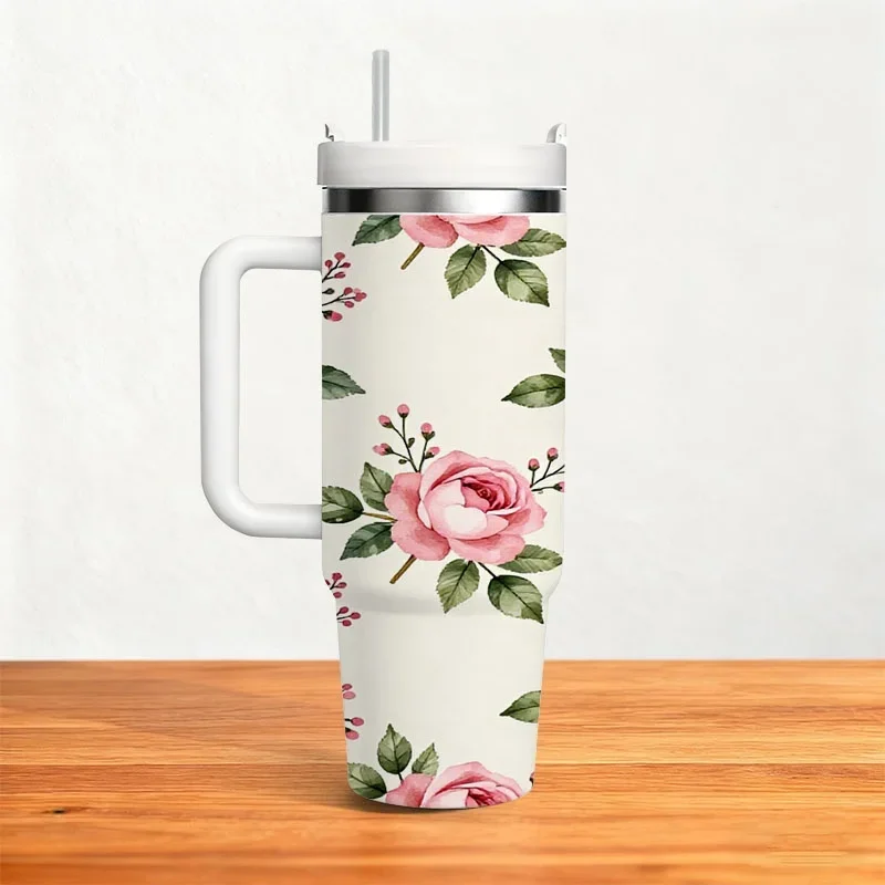 Seamless Delicate Pink Rose Floral Print 40Oz Stainless Steel Insulated Tumbler, Digitally Printed Romantic Light Cream Background Design, Reusable Thermal Drink Cup for Everyday Use, Office Commute And Outdoor Picnics