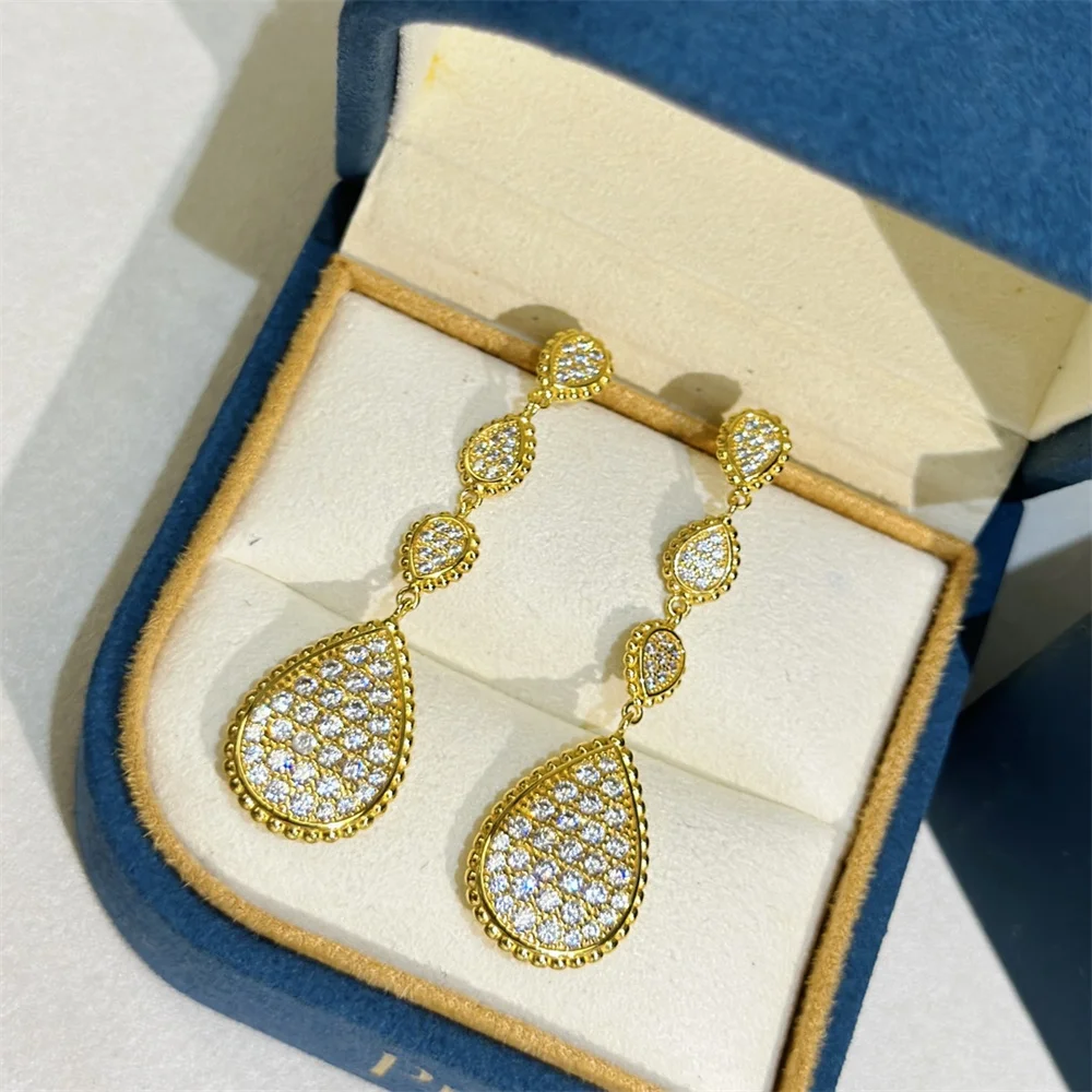 Full Diamond Water Droplet Tassel Earrings European And American Style Simple Fashionable And Luxurious 2024 New Earrings