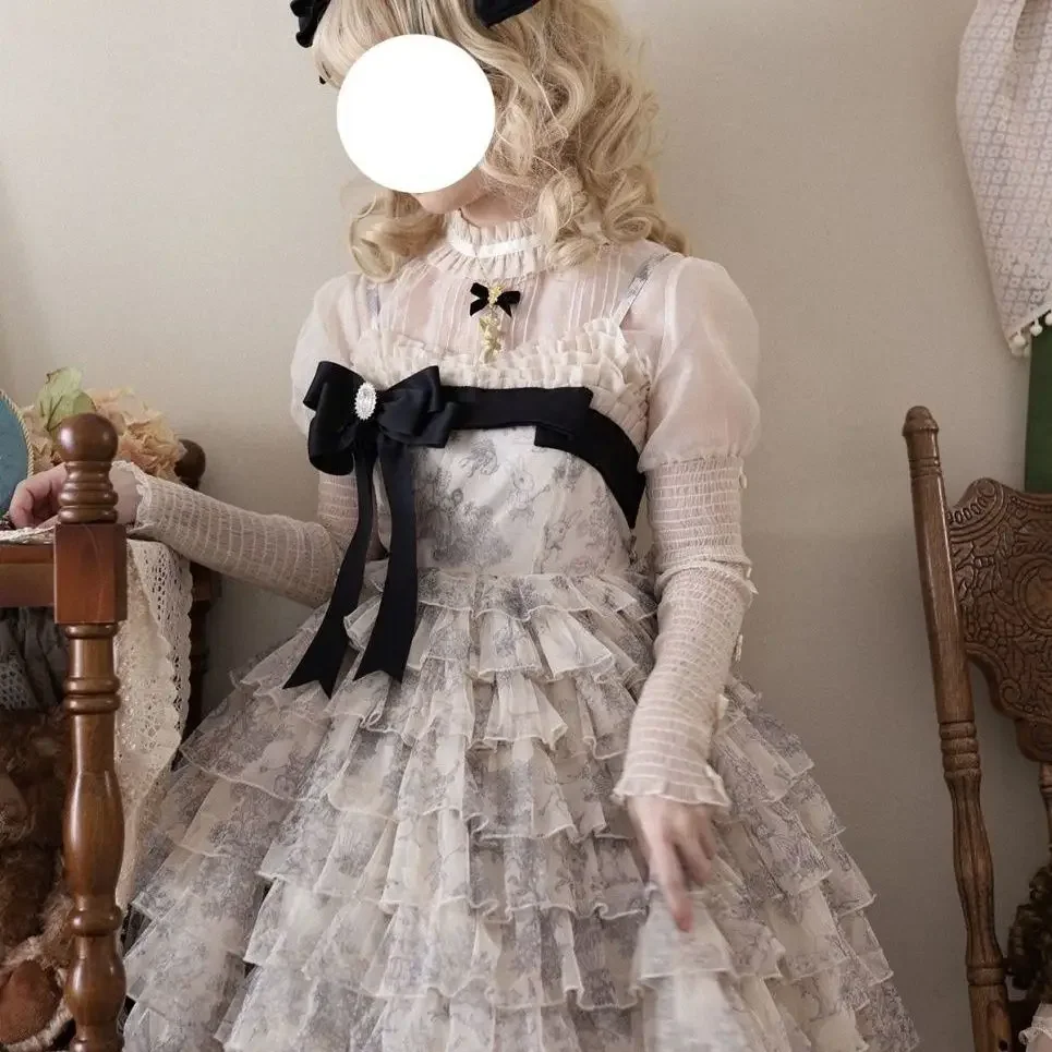 日本のかわいいロリータ Jsk ドレス女性甘い弓フリル花柄パーティーティアードケーキドレスヴィンテージプリンセスドレス