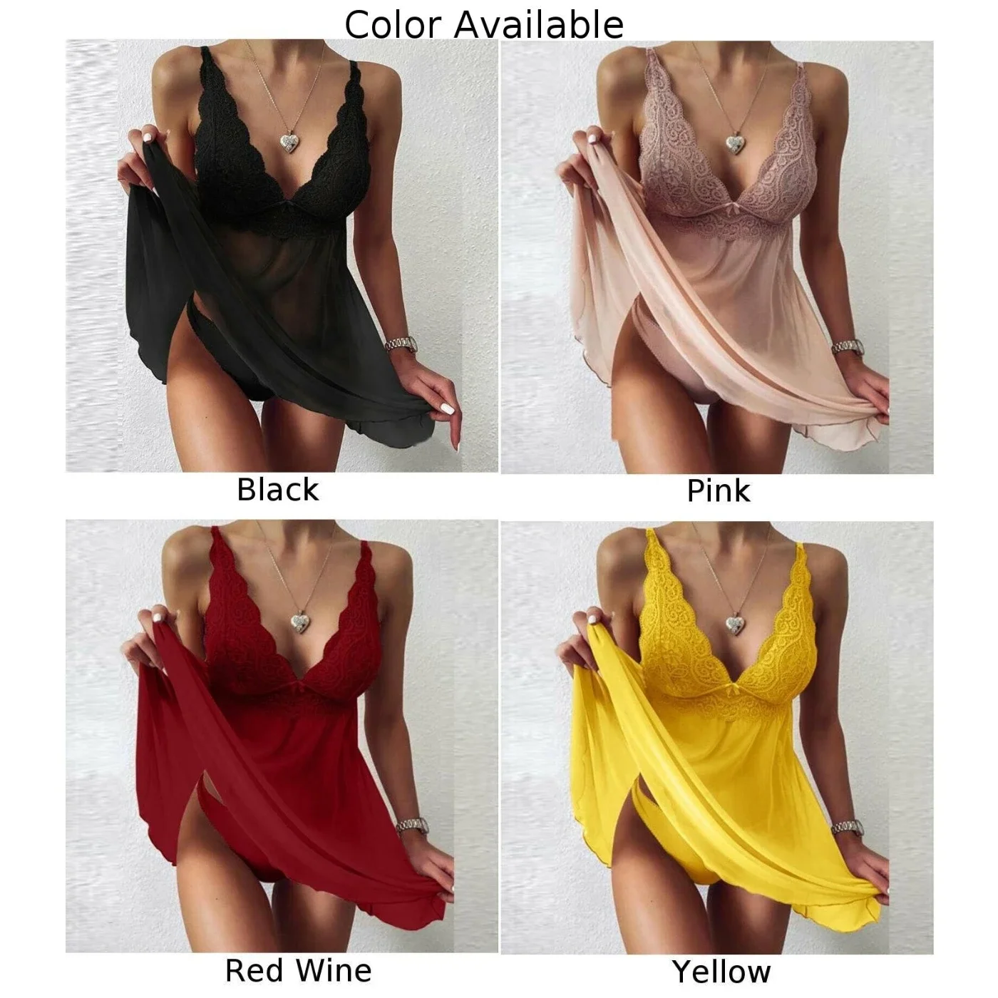 2023 moda donna Sexy scollo a v pizzo camicia da notte indumenti da notte Lingerie Robe intimo vestito scava fuori tinta unita Mini gonna del pigiama