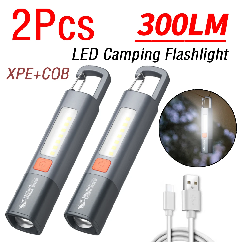 

2 шт. 300LM светодиодный фонарик для кемпинга, фонарик для кемпинга, тип C, USB, 800 мАч, перезаряжаемый, 3 режима освещения для походов, альпинизма