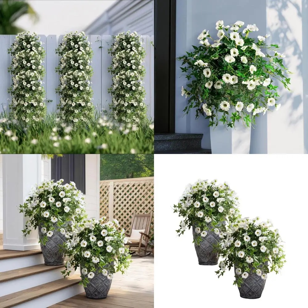 

UV-Resistant Outdoor Silk Petunias with Pots, White Hanging Flowers for Porch and Terrace Decor (2 Pieces)