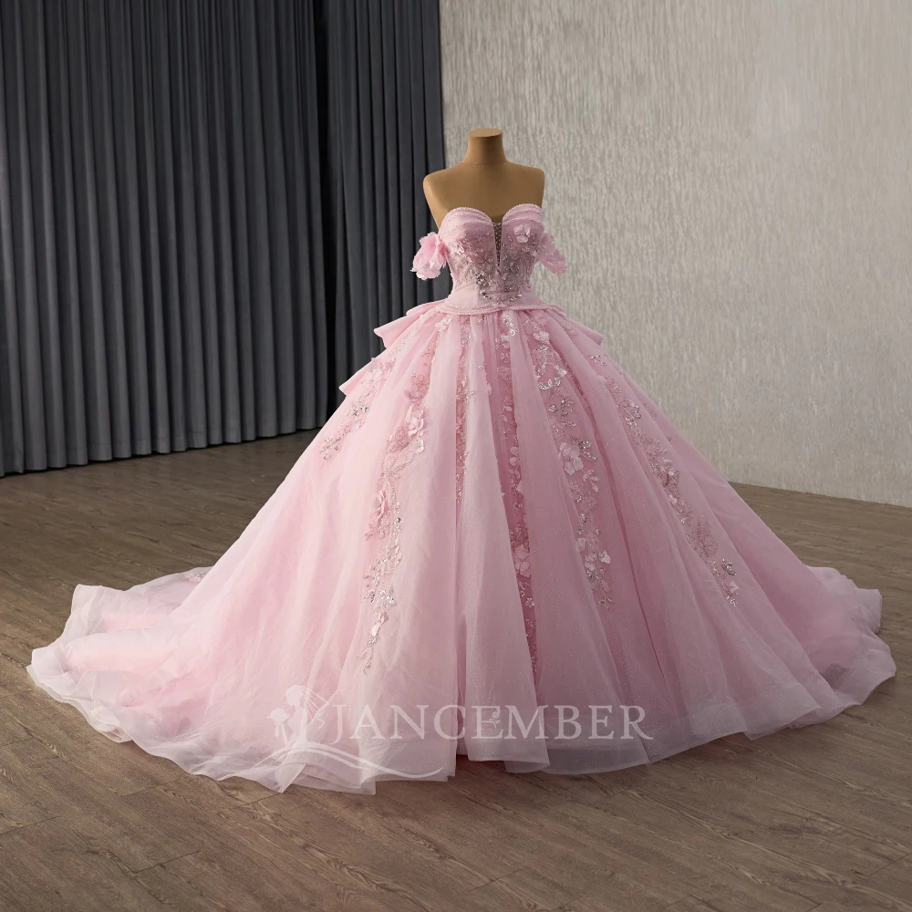 فستان Quinceeneara اللامع للشباب بدون أكتاف فساتين رسمية فستان بأكمام قصيرة مزين بفيستدو دي 15 ذيل محكمة مخصص #3