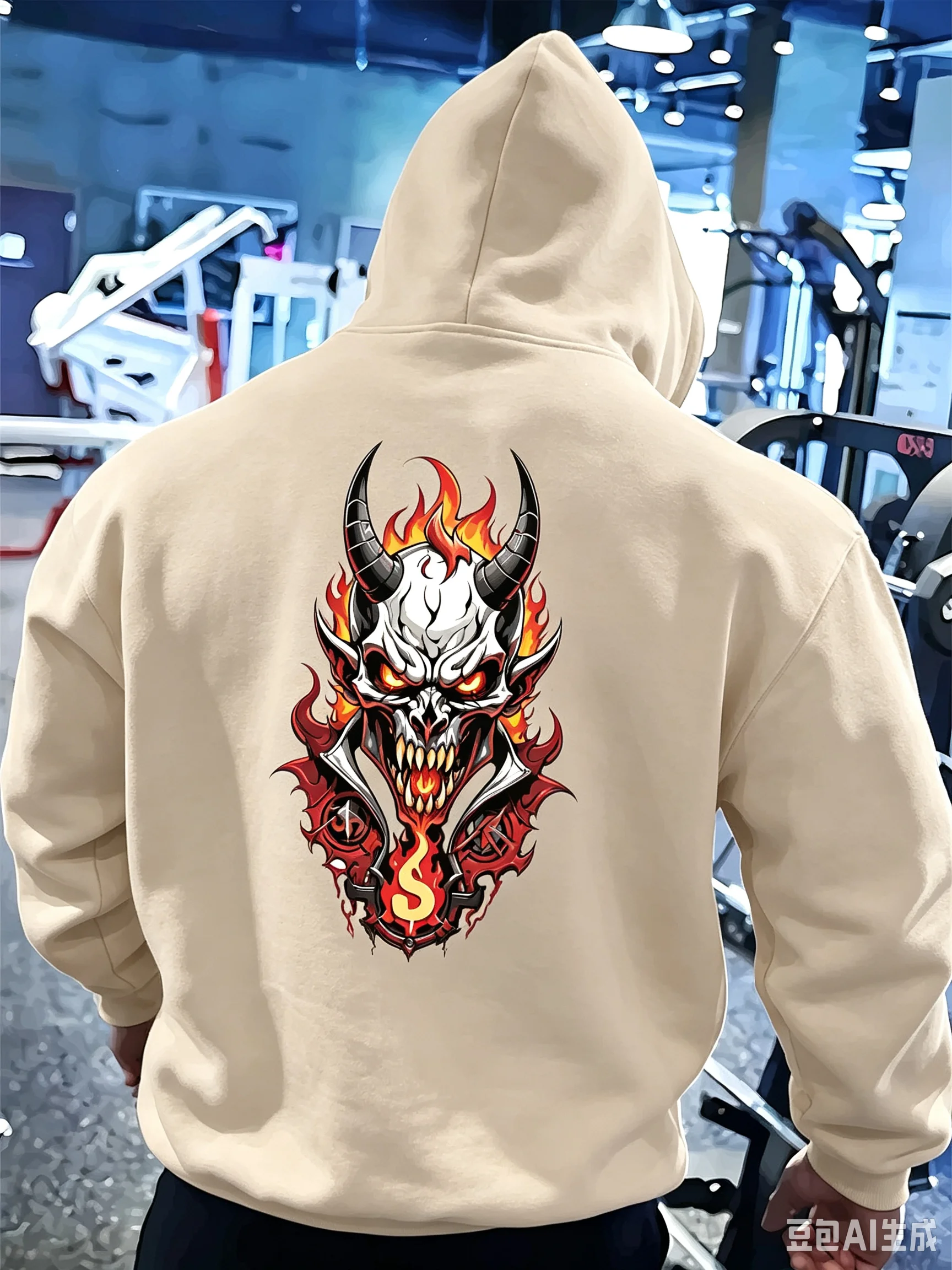 Men's Gothic Flame Demon Skull Hooded Sweatshirt Street Style Winter Warmth Pullover Casual Hooded Shirt