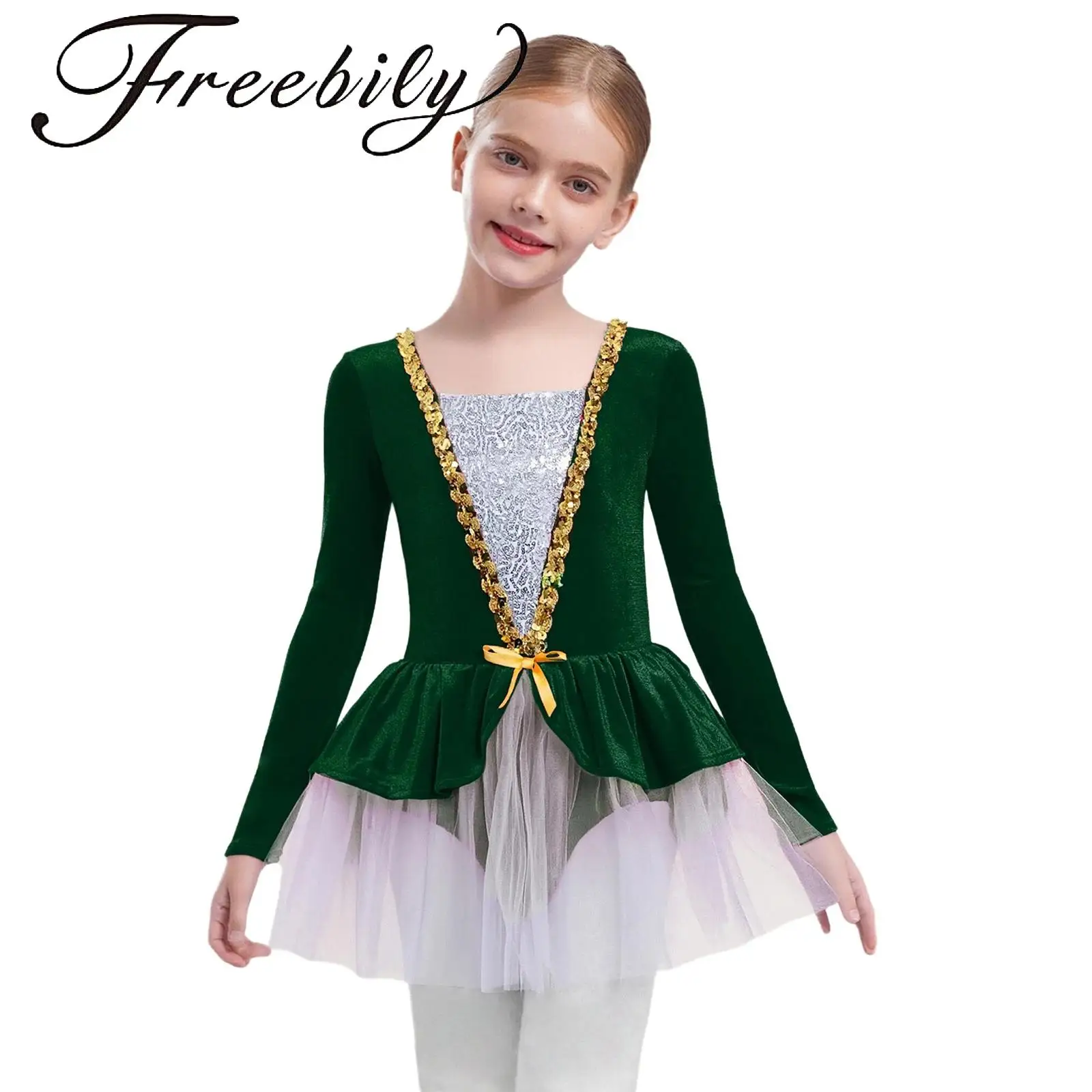 

Kids Girls Ballet Dress Long Sleeves Shiny Sequins Patchwork Velvet Tutu Dress with Built-in Briefs for Figure Skating Dancing