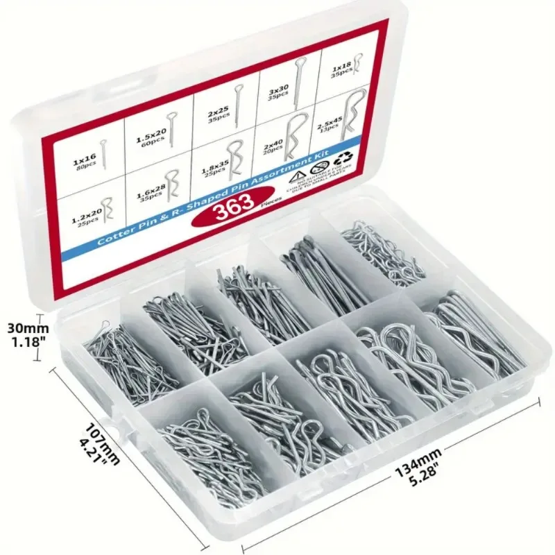 363pcs/set Pin Combination Kit 304 Stainless Steel 10 Sizes Hardware Pin and Hair Clip R Clip Suitable for Hanging Pin Lock