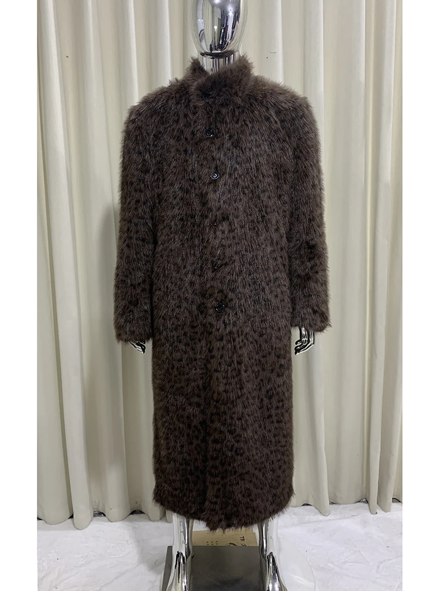 الخريف الشتاء طويل دافئ سميكة لينة رقيق الملونة ليوبارد طباعة فو الفراء معطف الرجال الفاخرة أنيقة شيك فروي معطف 2025