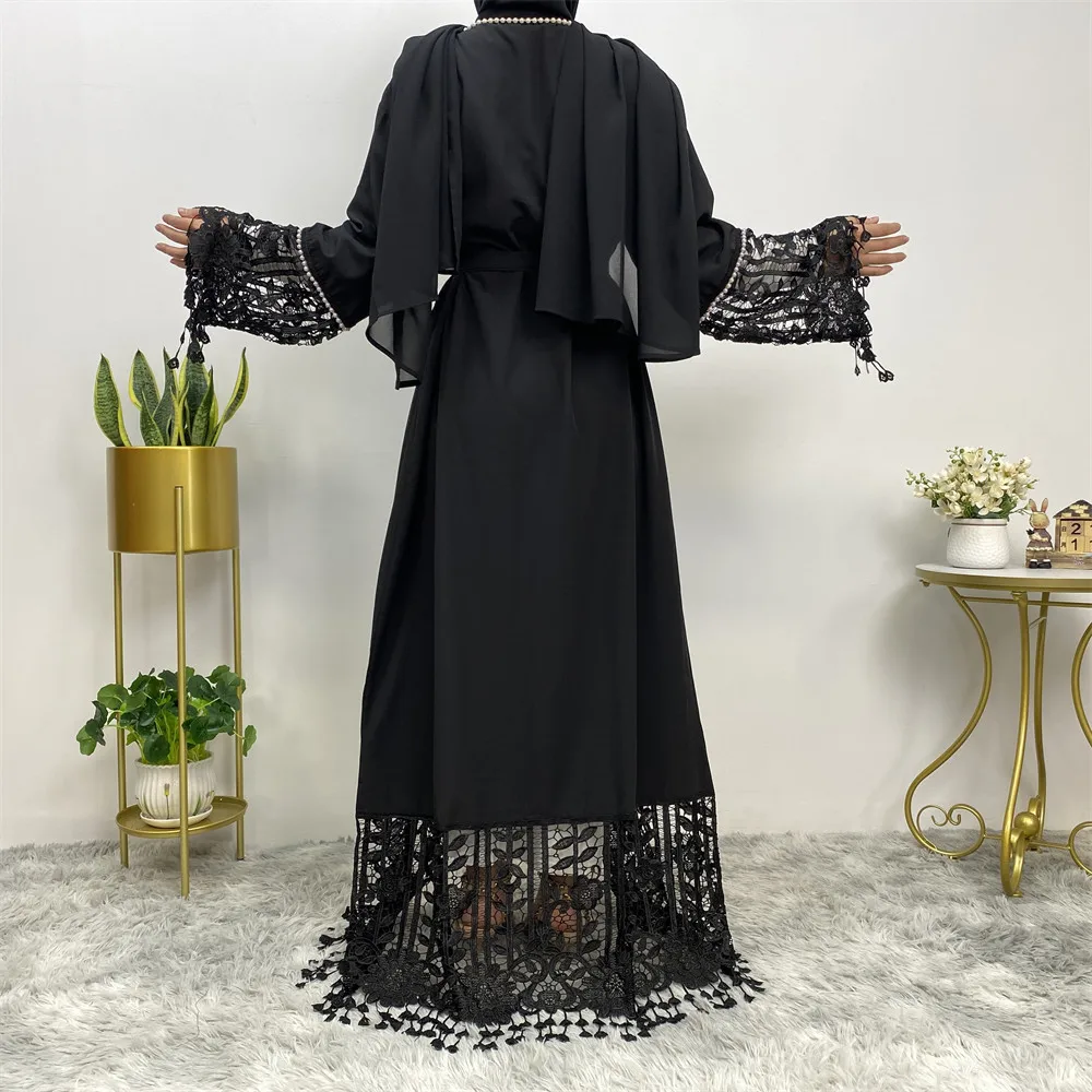 Imagem -06 - Eid Black Tassel Lace Open Abaya Mulheres Muçulmano Vestido Ramadan Kimono Cardigan Belted Islam Vestuário Dubai Kaftan Turquia Robe Gown