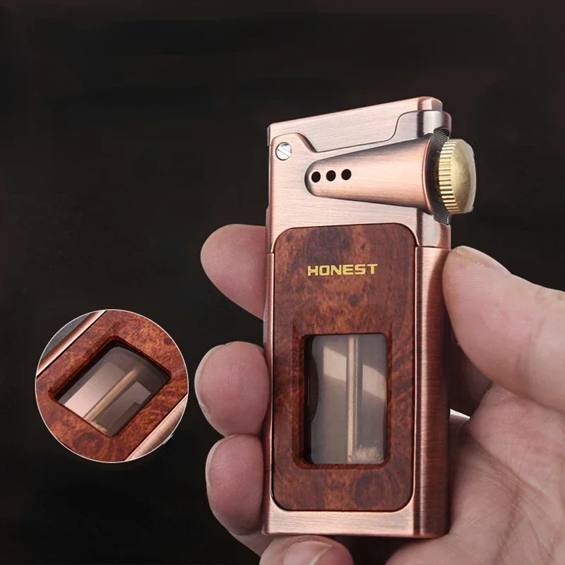 Retro Kerosene Lighter, One Click Catapult Metal Grinding WheelLarge Capacity Perspective Oil Tank Open FlameWindproof Lighter