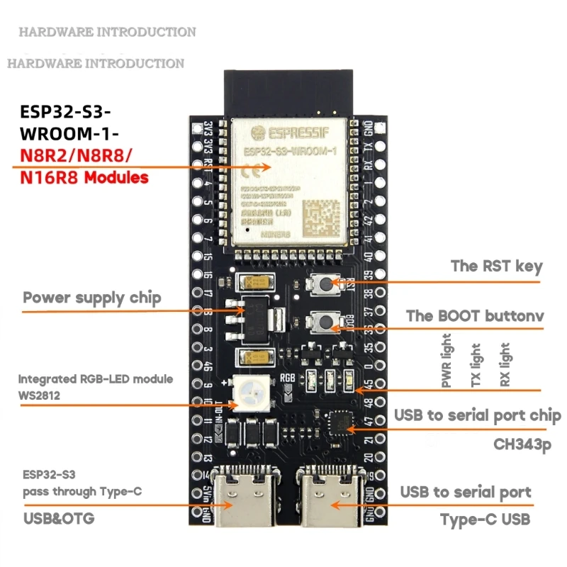 ESP32  ESP32-S3 WiFi+Bluetooth Internet Of Things Dual- Type-C Development Board  Board ESP32-S3-DevKit C N16R8