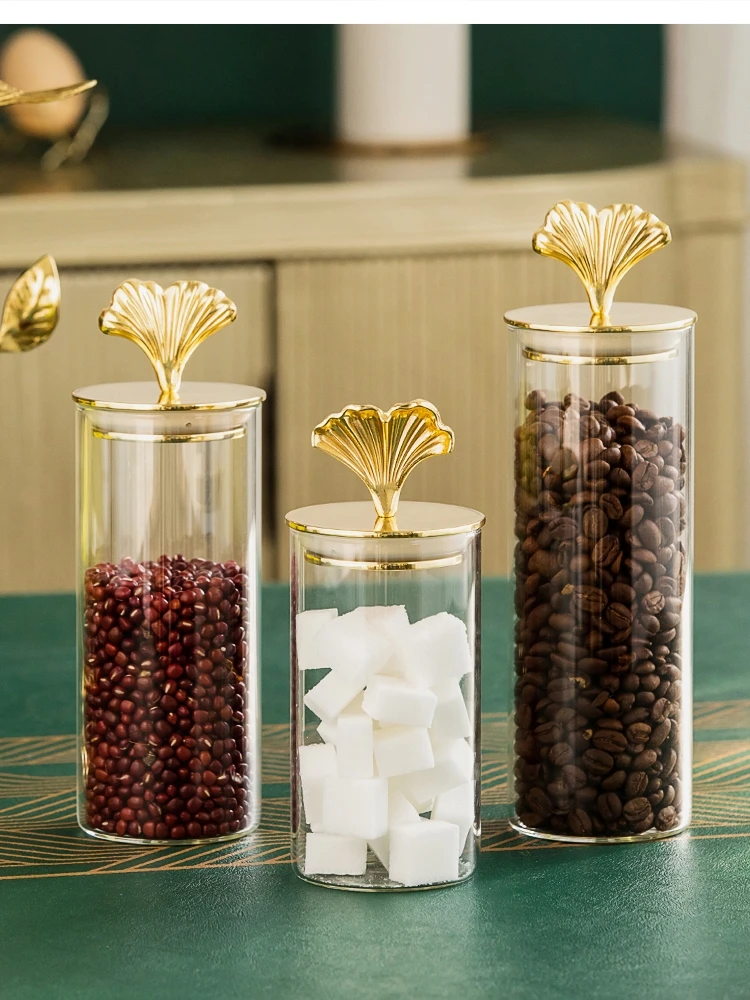 

European light luxury brass ginkgo leaf glass sealed jar and lids kitchen moisture-proof coffee bean tea sugar