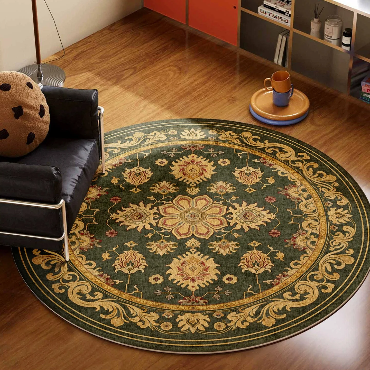 Vintage Distressed Persian Round Floor Mat for Living Room Bedroom Rug Home Decoration Washable Carpet Non-slip Mats Tapis Rond