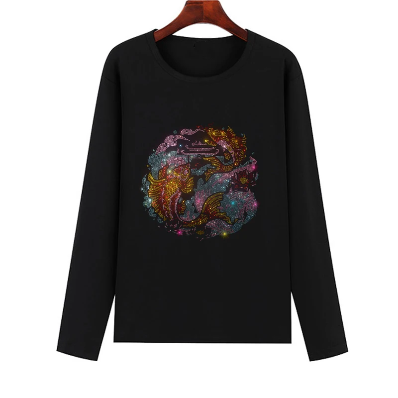 Round neck women's long-sleeved T-shirt fall rhinestone hot drawing fashion T-shirt, women's T-shirt