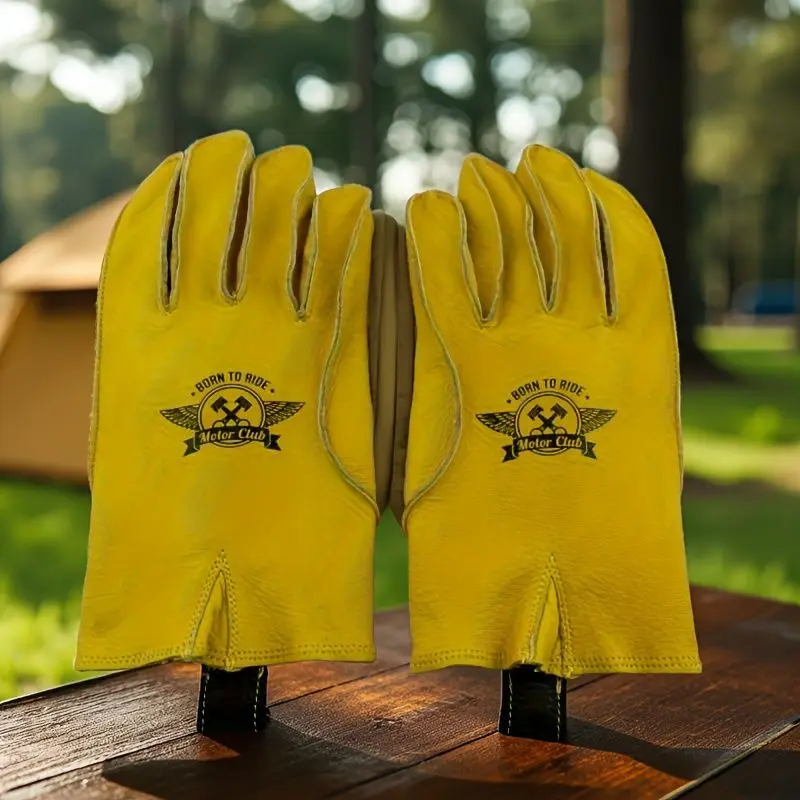 Full Grain Cowhide Motorcycle Gloves Bear Claw Winter Warm Windproof Pre-curved Fingers Vintage Punk Biker Men