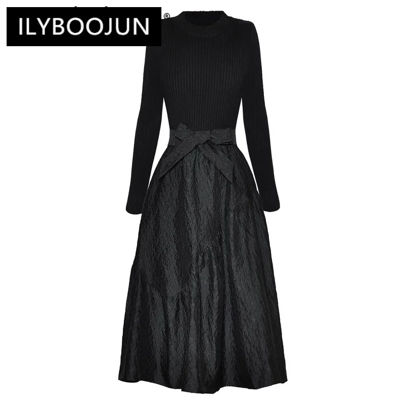 

ILYBOOJUN Fashion Designer Autumn Jacquard Dress Women O-Neck Long Sleeve Lace-up Knitting Patchwork Office Lady Dresses