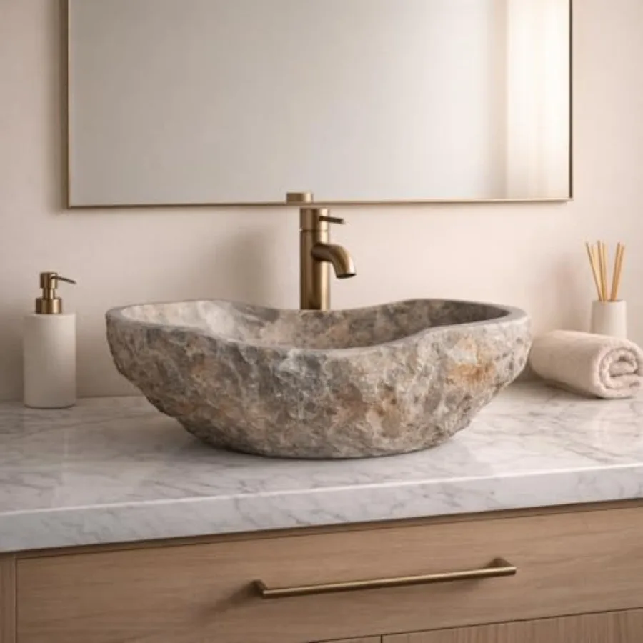 

Раковина из мрамора Fossil Gray Breccia с уникальными бежевыми и золотыми узорами, ручной работы, в форме каноэ, для ванной комнаты, в современном деревенском стиле
