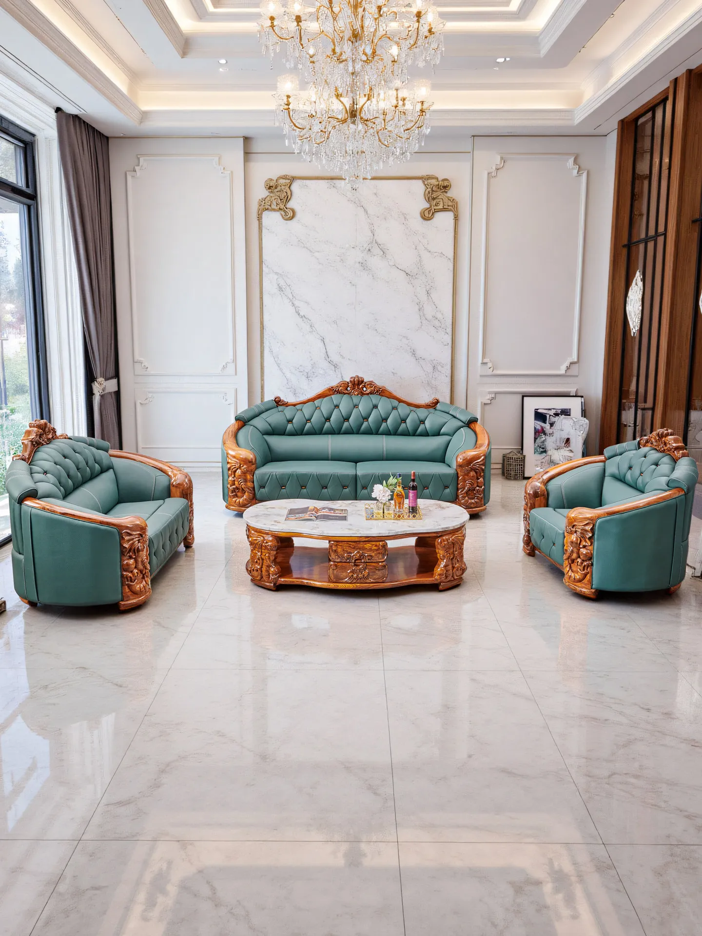 #Ebony Wood Genuine Leather Square European New Chinese Style Sofa Set High-density Sponge Filling Villa Living Room