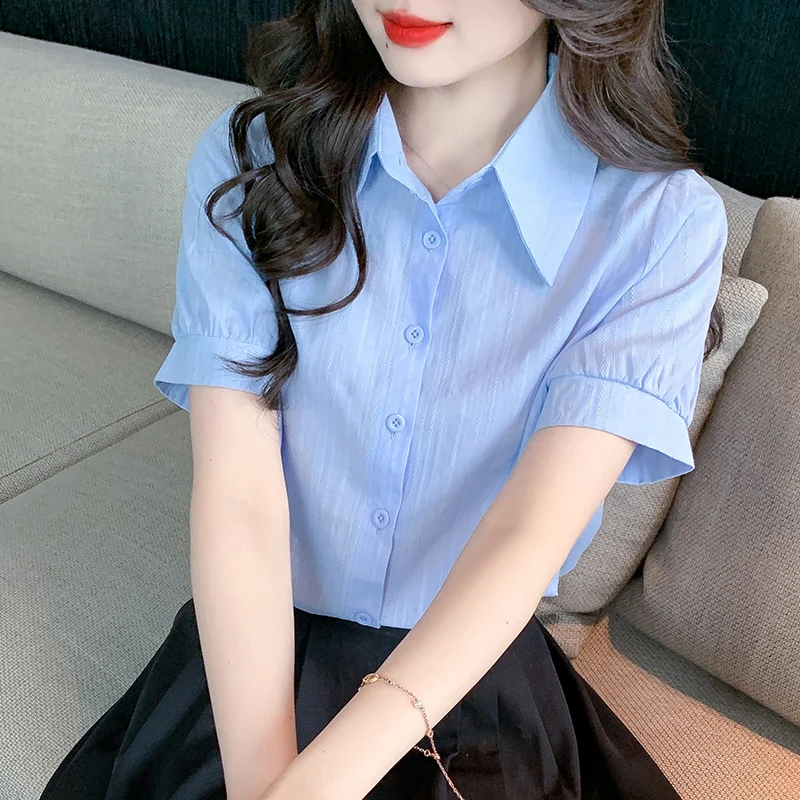 2024 Summer New Fashion Casual Shirt Polo Collar Short Sleeve White Blue Blouse Simple Tops