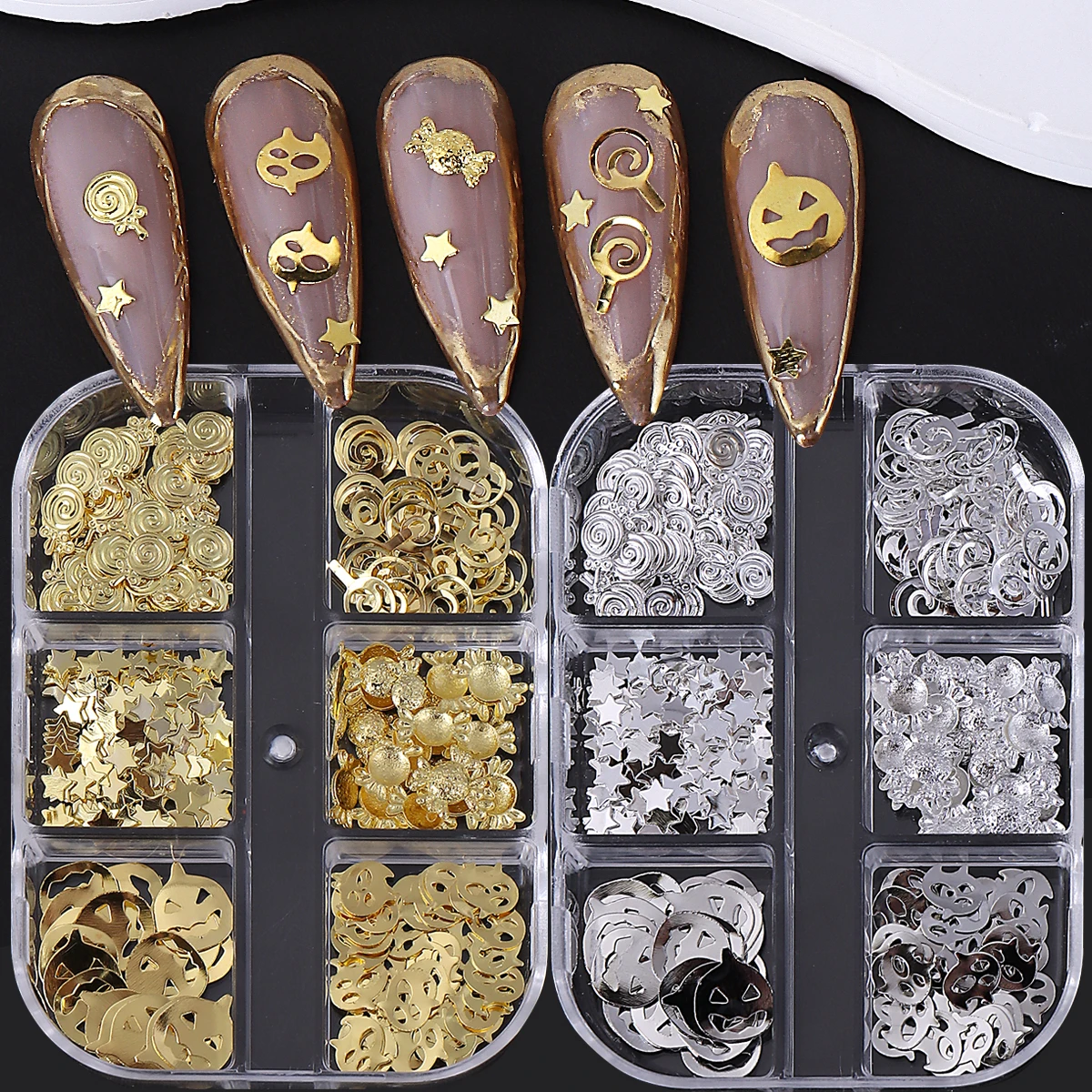 2 Boxes Gold Silver Halloween Metal Nail Glitter Sequin Pumpkin Candy Star Shape Metal Flake Design Jewelry Manicure Decor Parts