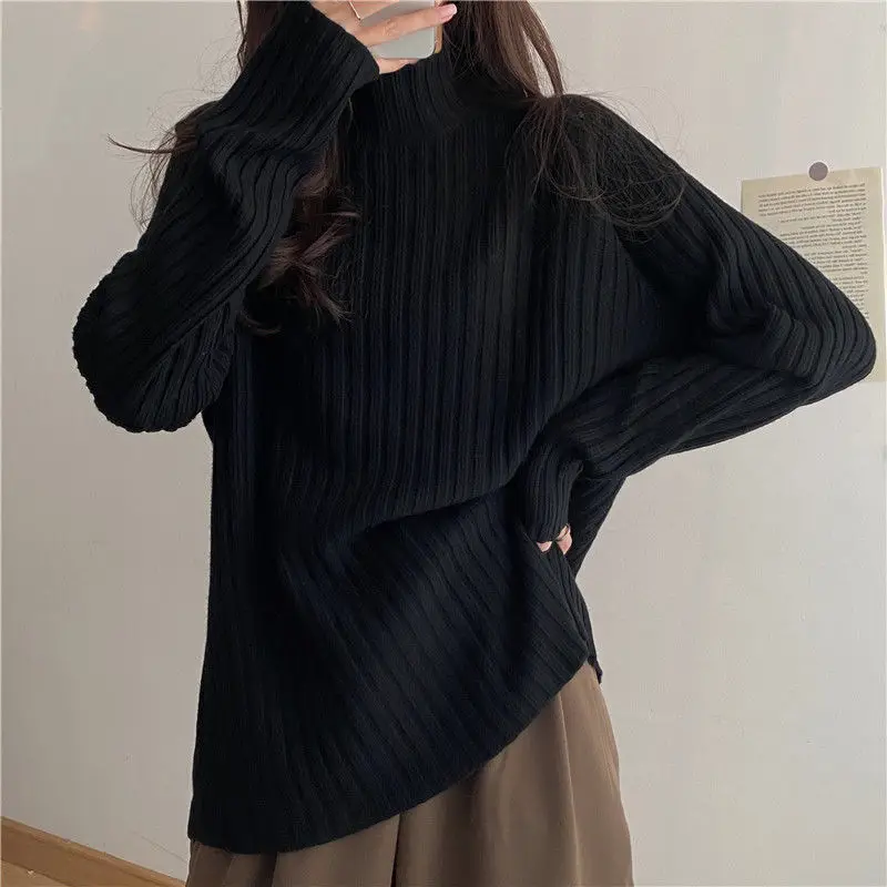 Pullovers Women Half High Collar Simple Japan Style Autumn Sweaters Cozy All-match Classic Students Loose Popular Jumper Femme