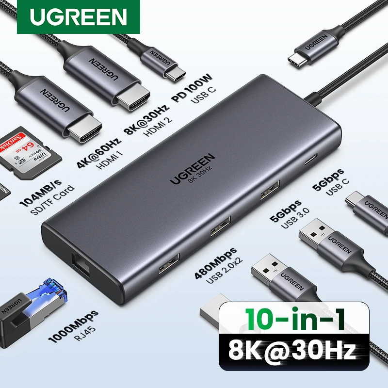 UGREEN USB C Hub 10 in 1 Dual HDMI 8K30Hz 4K60Hz Docking Station Gigabit Ethernet SD TF USB3.0 PD100W for Windows Laptop Dell HP
