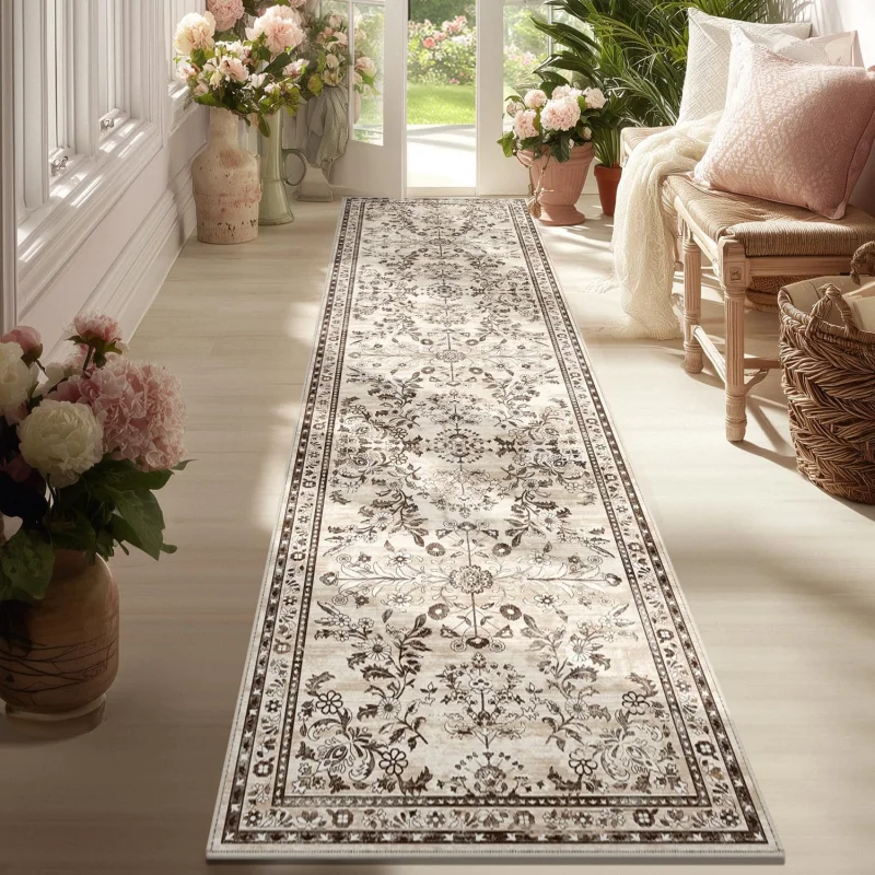 VIKAMA Vintage Persian Floral Runner Carpet Entrance Hall Non-Slip Mat Easy to Clean Kitchen Bedroom Rug Home Decoration
