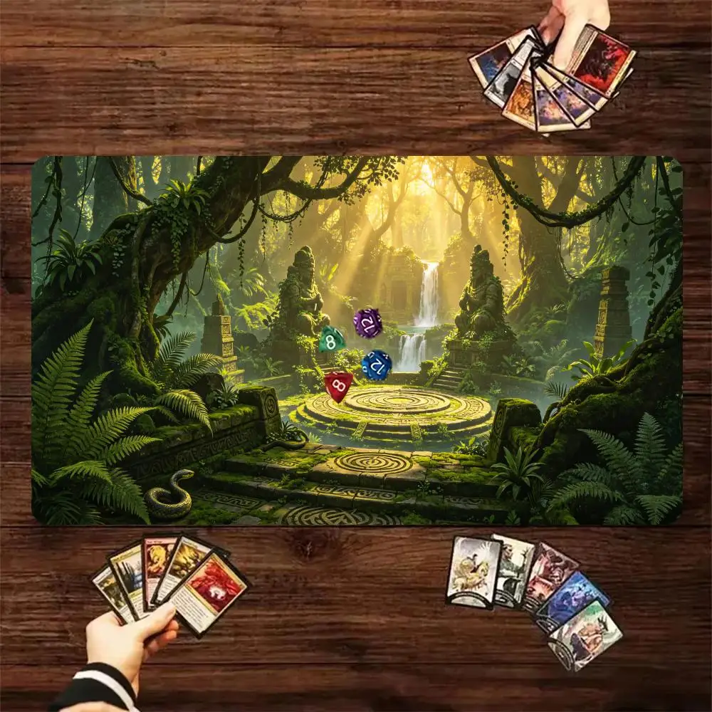 Ancient Jungle Temple Ruins Altar Waterfall TCG Play mat With Game Zones Large Anti‑Slip Desk mat For Card Game Mouse pad