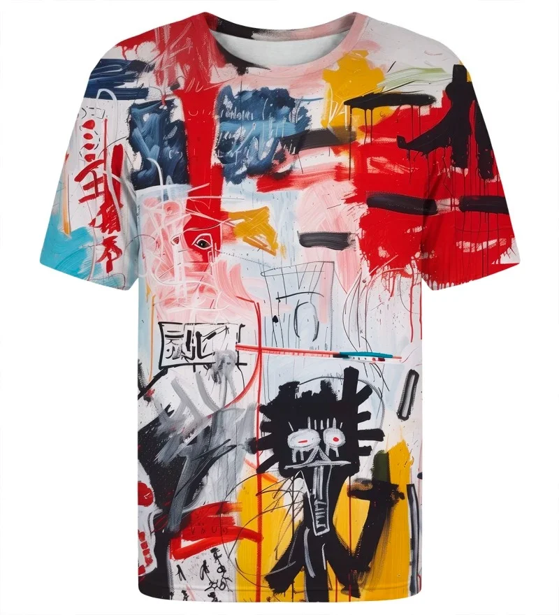 Chaotic Abstract Graffiti Print T-shirt, Street Art, Heavy Brushstrokes, Red, Yellow  Blue Color Art, Crew Neck Casual T-shirt.