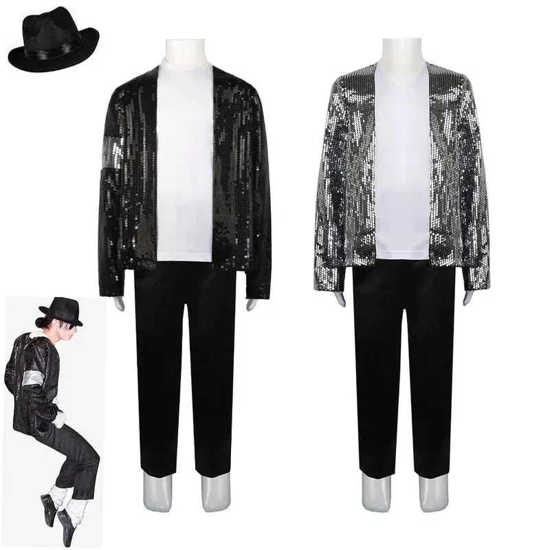 

Michael Jackson Dance Black Sequined Suit Performance Show Costume for Kids Adults Jacket Pants At Gloves Glasses Socks Costumes